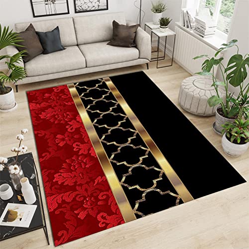 Large Abstract Art Area Rug,5x8ft,Minimalist Modern Red Gold and Black Living Room Decorative Carpet,Suitable for Bedroom Office Study Dining Room Soft and Comfortable Creative Design Carpet Mat