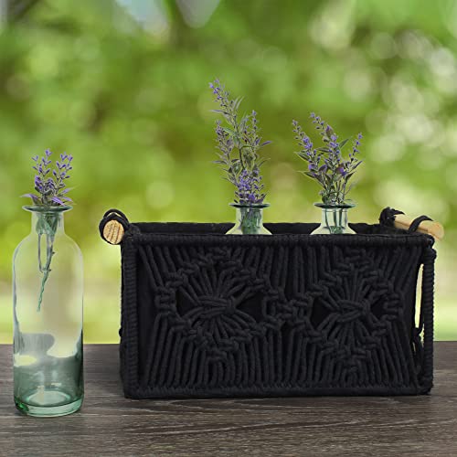 AuldHome Boho Farmhouse Macrame Baskets (Set of 2, Black); Decorative Storage Bins for Home and Office