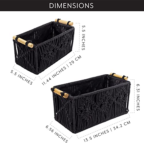 AuldHome Boho Farmhouse Macrame Baskets (Set of 2, Black); Decorative Storage Bins for Home and Office