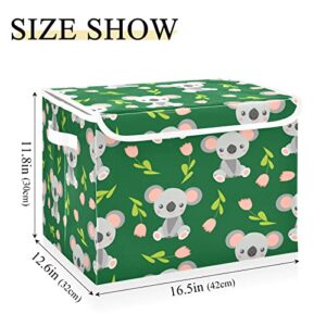 Koala Babies and Pink Flowers Storage Bin, Storage Baskets with Lids Large Organizer Collapsible Storage Bins Cube for Bedroom, Shelves, Closet, Home, Office 16.5 X 12.6 X 11.8 Inch