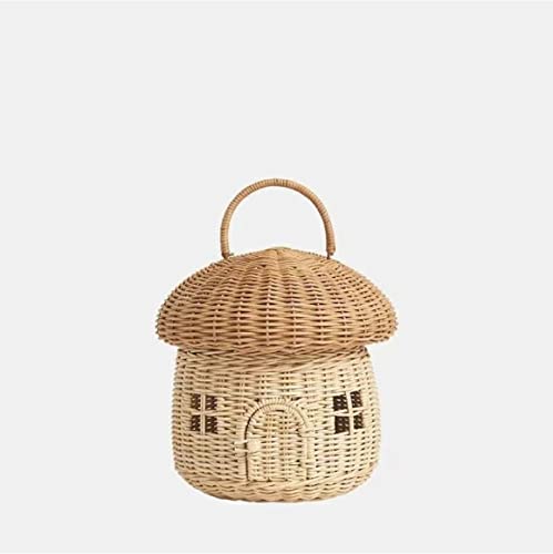 Rattan Storage Basket Mushroom Shape Decorative - Rattan Storage Basket Decorative Woven Basket With Lid, Woven Handle Basket For Shelf Organizer, Decorative Box For Baby Kids Room