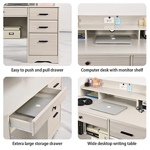 4 EVER WINNER Computer Desk with 4 Drawers and Hutch，Home Office Desk Study Writing Desk with File Drawers and Shelves, Wooden Executive Desk Computer Table Desk for Small Spaces (Off White)