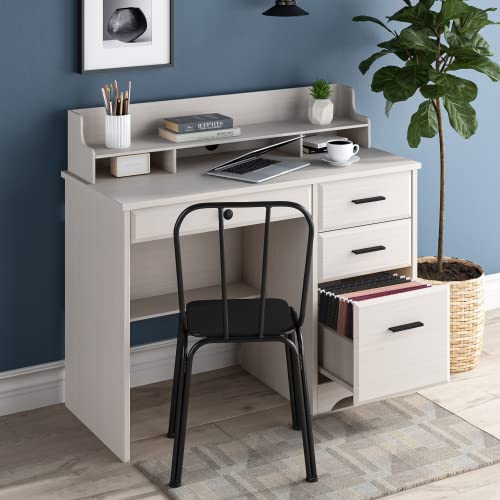 4 EVER WINNER Computer Desk with 4 Drawers and Hutch，Home Office Desk Study Writing Desk with File Drawers and Shelves, Wooden Executive Desk Computer Table Desk for Small Spaces (Off White)