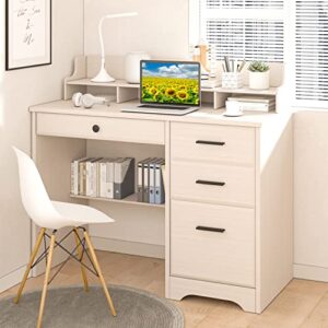 4 EVER WINNER Computer Desk with 4 Drawers and Hutch，Home Office Desk Study Writing Desk with File Drawers and Shelves, Wooden Executive Desk Computer Table Desk for Small Spaces (Off White)