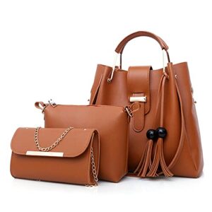 3Pcs Set Purses and Handbags for Women PU Leather Fashion Tote Bag Wallet Crossbody Shoulder Bag Handbags Top Handle Satchel Bag Purse Set, Brown