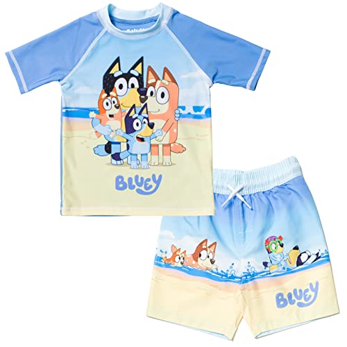 Bluey Mom Dad Bingo Toddler Boys Rash Guard and Swim Trunks Outfit Set Multi 2T