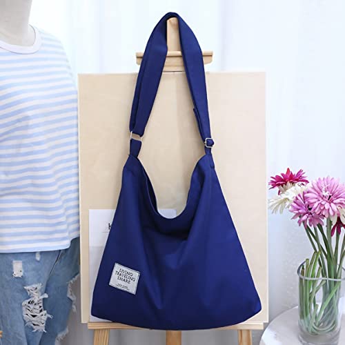 Women's Canvas Crossbody Hobo Bag Large Tote Shoulder Beach Bag with Zipper Casual Work Travel Bags Cotton Shopping Bag (Blue)
