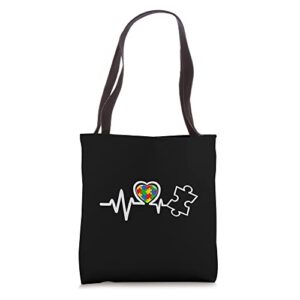 heart puzzle piece heartbeat cool autism awareness tote bag