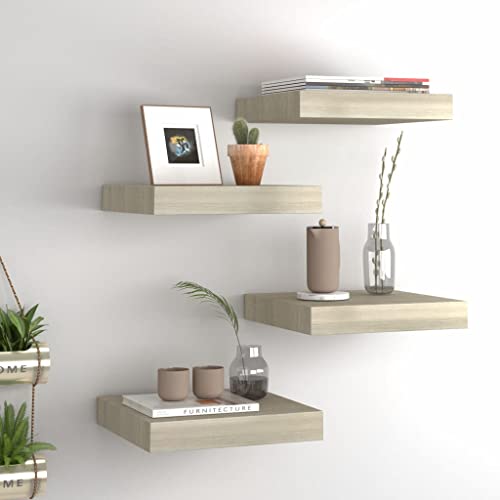 YUHI-HQYD Floating Wall Shelves,Wall Shelves for Living Room,Earthy Room Decor,Shelves for Wall Storage,Invisible mounting System,for Kitchen,Bedroom,Living Room, 4 pcs Oak 9.1"x9.3"x1.5" MDF