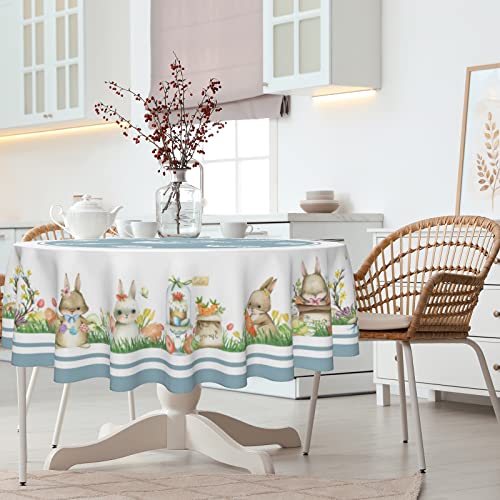 Easter Decorations Tablecloth Round 60 Inch - Blue Bunny Eggs Easter Tablecloths, Waterproof Farmhouse Table Cloth for Kitchen Dining Indoor Outdoor Decor (Blue easter tablecloths round, 60 inch)