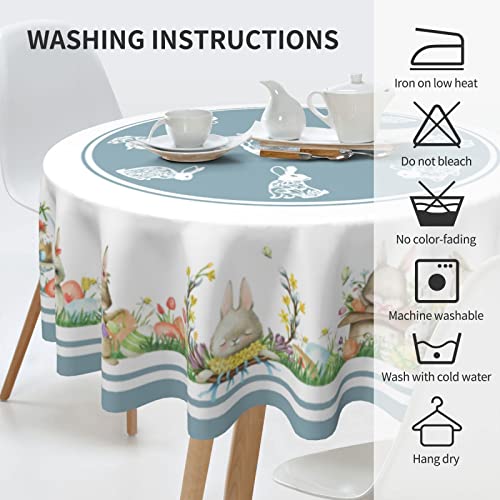 Easter Decorations Tablecloth Round 60 Inch - Blue Bunny Eggs Easter Tablecloths, Waterproof Farmhouse Table Cloth for Kitchen Dining Indoor Outdoor Decor (Blue easter tablecloths round, 60 inch)