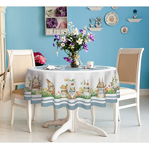 Easter Decorations Tablecloth Round 60 Inch - Blue Bunny Eggs Easter Tablecloths, Waterproof Farmhouse Table Cloth for Kitchen Dining Indoor Outdoor Decor (Blue easter tablecloths round, 60 inch)