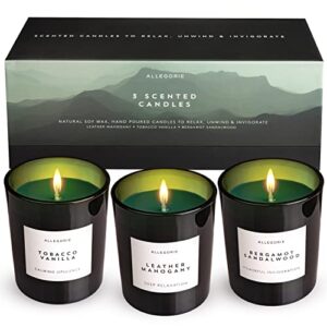 set of three scented candles for men | masculine scents of bergamot & sandalwood. leather & mahogany, tobacco & vanilla | 3 x natural soy wax candle for men (5.6oz)