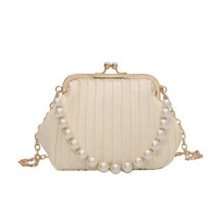 Pearl Purse Bag Cute Bride Purse Bride Bag Bridal Wedding Bag Bridal Shower Bachelorette Pleated Clutch Crossbody Removable (Ivory/Cream/Offwhite)