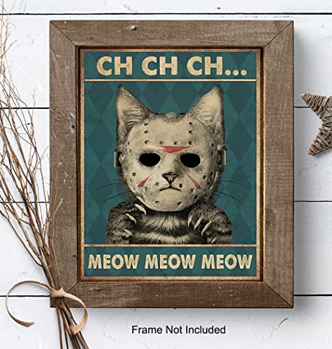 Yellowbird Art & Design Cat Wall Art & Decor - Friday the 13th Wall Art - Halloween Wall Art - Tabby cat Wall Art - Jason Horror Movie - Funny Cat Gifts for Men - Scary Cat Poster - 8x10 UNFRAMED