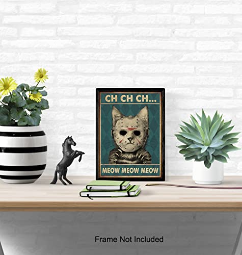 Yellowbird Art & Design Cat Wall Art & Decor - Friday the 13th Wall Art - Halloween Wall Art - Tabby cat Wall Art - Jason Horror Movie - Funny Cat Gifts for Men - Scary Cat Poster - 8x10 UNFRAMED