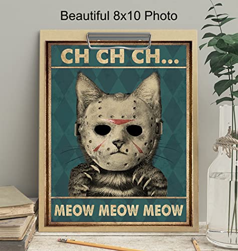 Yellowbird Art & Design Cat Wall Art & Decor - Friday the 13th Wall Art - Halloween Wall Art - Tabby cat Wall Art - Jason Horror Movie - Funny Cat Gifts for Men - Scary Cat Poster - 8x10 UNFRAMED