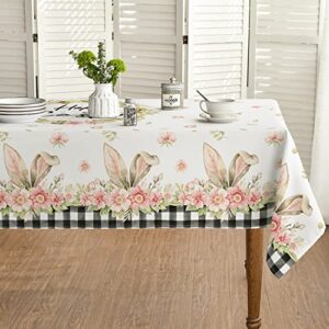 horaldaily easter tablecloth 60×84 inch, spring flower buffalo plaid bunny ear table cover for party picnic dinner decor