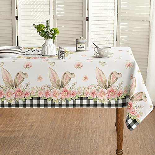 Horaldaily Easter Tablecloth 60x84 Inch, Spring Flower Buffalo Plaid Bunny Ear Table Cover for Party Picnic Dinner Decor