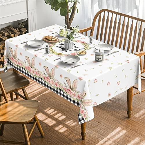 Horaldaily Easter Tablecloth 60x84 Inch, Spring Flower Buffalo Plaid Bunny Ear Table Cover for Party Picnic Dinner Decor