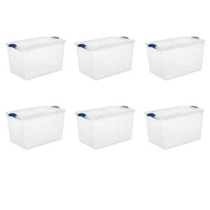 ljing 66 qt latch box clear plastic stackable storage bin w/blue latching lid organizing solution, set of 6