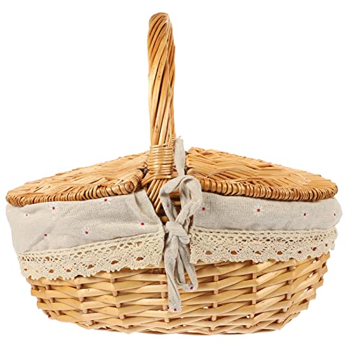 BESTonZON Wicker Storage Basket Wicker Picnic Basket with Gingham Liner Wooden Lid Easter Egg and Candy Basket Wine Basket Storage Basket for Beach Camping Park Outdoor Party Beige Storage Baskets