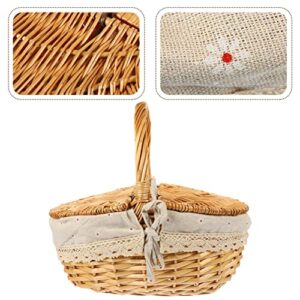 BESTonZON Wicker Storage Basket Wicker Picnic Basket with Gingham Liner Wooden Lid Easter Egg and Candy Basket Wine Basket Storage Basket for Beach Camping Park Outdoor Party Beige Storage Baskets