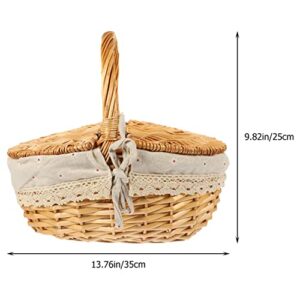 BESTonZON Wicker Storage Basket Wicker Picnic Basket with Gingham Liner Wooden Lid Easter Egg and Candy Basket Wine Basket Storage Basket for Beach Camping Park Outdoor Party Beige Storage Baskets