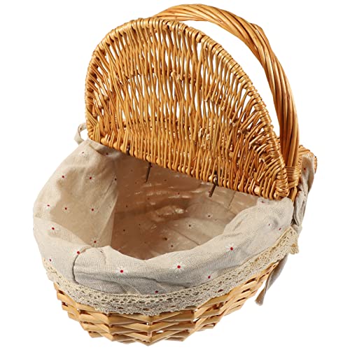 BESTonZON Wicker Storage Basket Wicker Picnic Basket with Gingham Liner Wooden Lid Easter Egg and Candy Basket Wine Basket Storage Basket for Beach Camping Park Outdoor Party Beige Storage Baskets