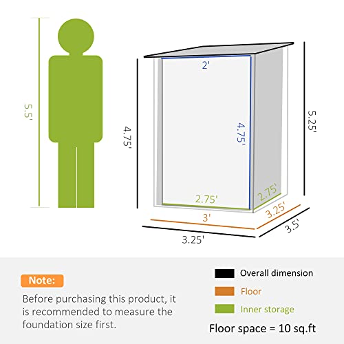 Outsunny 3.3' x 3.4' Lean-to Garden Storage Shed, Small Outdoor Galvanized Steel Tool House with Lockable Door for Patio, Backyard, Lawn, Gray
