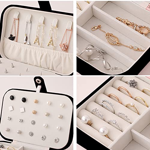 SYCARON Jewelry Box Organizer, Jewelry Organizer Travel PU Leather Portable Jewelry Storage Box for Women and Girls Jewelry Box Earring Rings Necklace Bracelets Accessories, Double Layer, Black