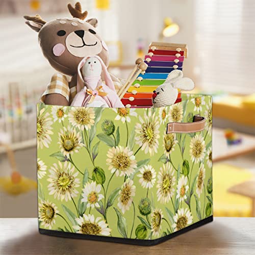 Daisy Leaves Large Collapsible Storage Bins,Daisy Flower Decorative Canvas Fabric Storage Boxes Organizer with Handles,Cube Square Baskets Bin for Home Shelves Closet Nursery Gifts