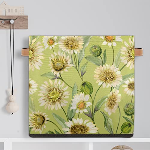 Daisy Leaves Large Collapsible Storage Bins,Daisy Flower Decorative Canvas Fabric Storage Boxes Organizer with Handles,Cube Square Baskets Bin for Home Shelves Closet Nursery Gifts