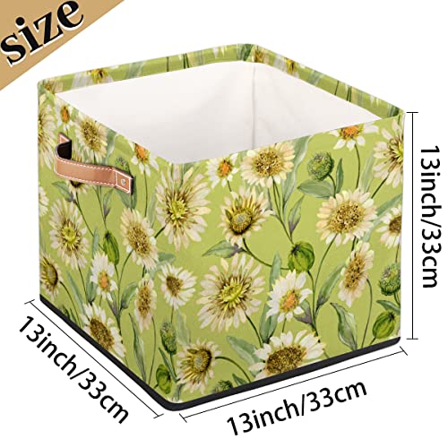 Daisy Leaves Large Collapsible Storage Bins,Daisy Flower Decorative Canvas Fabric Storage Boxes Organizer with Handles,Cube Square Baskets Bin for Home Shelves Closet Nursery Gifts