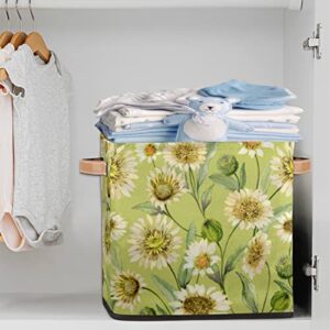 Daisy Leaves Large Collapsible Storage Bins,Daisy Flower Decorative Canvas Fabric Storage Boxes Organizer with Handles,Cube Square Baskets Bin for Home Shelves Closet Nursery Gifts