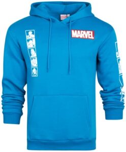 marvel men’s avengers fleece hoodie sweatshirt – retro iron man, hulk, captain america, thor, spider-man, size large, marvel blue