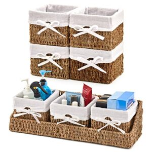 ezoware set of 7 natural woven seagrass wicker storage nest baskets shelf organizer container bins with liner – brown