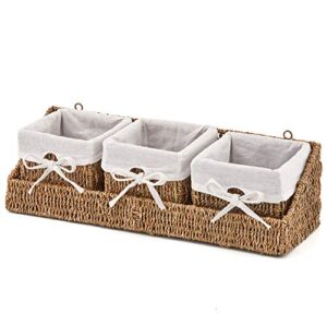 EZOWare Set of 7 Natural Woven Seagrass Wicker Storage Nest Baskets Shelf Organizer Container Bins with Liner - Brown