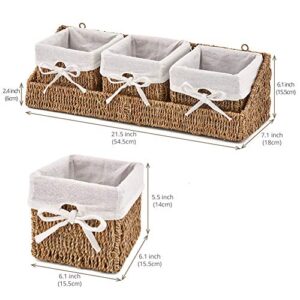 EZOWare Set of 7 Natural Woven Seagrass Wicker Storage Nest Baskets Shelf Organizer Container Bins with Liner - Brown