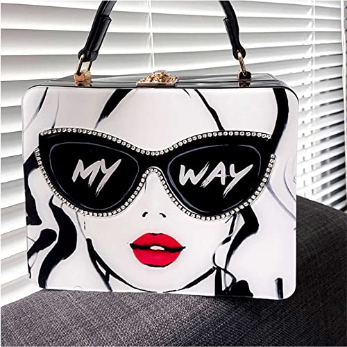 Qiayime Acrylic Shoulder Bag for Women Purse and Handbags Fashion Ladies Top Handle Evening Clutch Crossbody Box Bag Tote (Black&white)