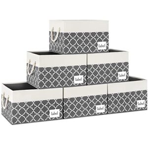 rvsnq extra large fabric storage bins 6-pack, foldable storage baskets for organizing, closet storage bins with cotton rope handle and label, storage baskets for shelves office (grey quatrefoil)