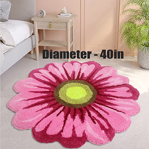 Sunflower Rugs for Living Room Plush Large Round Flower Area Rugs with Rubber Backing Non-Slip, Extra Soft Cute for Bedroom Kitchen Bathroom,Washable (Pink,40x40in)