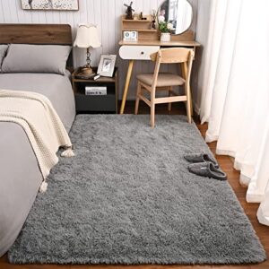 Przemy Fluffy Bedroom Rug 4 x 6 Ft Area Rugs for Living Room, Super Soft Shag Rug, Indoor Modern Fluffy Carpet Rugs for Bedroom Kids Girls Room Dorm Home Decor, Non-Slip Plush Nursery Rug, Grey