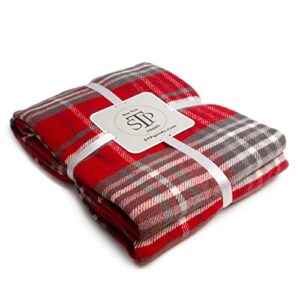 stp goods cotton red throw blanket plaid for couch sofa bed 86.6 х 63” twin soft warm blanket with fringe scotch travel blanket (red / gray)