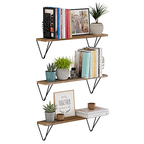 Wallniture Colmar Floating Shelves for Living Room Decor, 24" Wall Shelf Kitchen Organization and Storage Shelves for Bathroom Accessories, Bookshelf Set of 3, Burnt