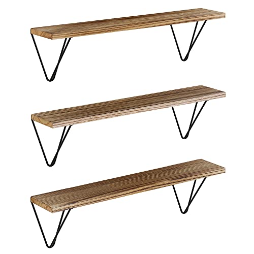 Wallniture Colmar Floating Shelves for Living Room Decor, 24" Wall Shelf Kitchen Organization and Storage Shelves for Bathroom Accessories, Bookshelf Set of 3, Burnt