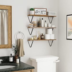 Wallniture Colmar Floating Shelves for Living Room Decor, 24" Wall Shelf Kitchen Organization and Storage Shelves for Bathroom Accessories, Bookshelf Set of 3, Burnt