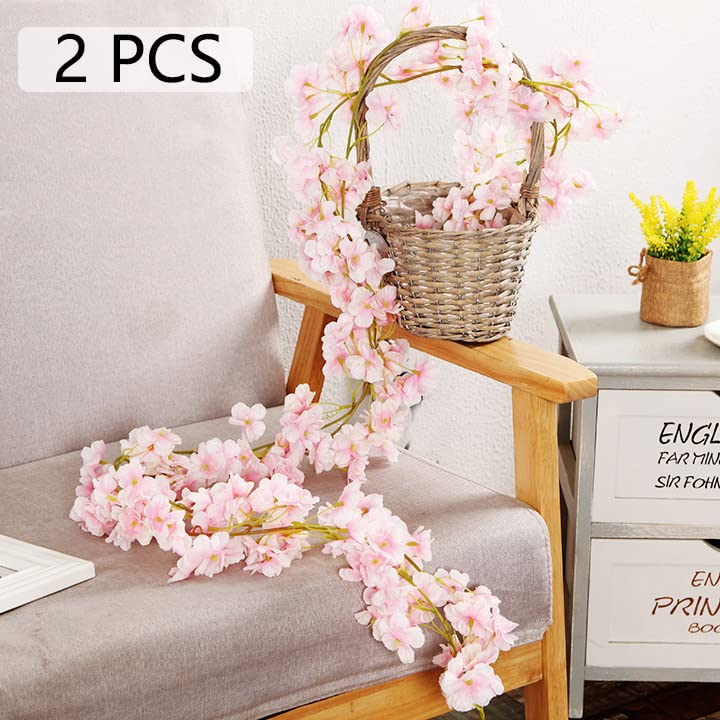 2pcs 11.8ft Artificial Cherry Blossom Flower Vines Fake Flower Garland Outdoors Hanging Silk Flowers Vines for Home Decor Pink Room Decor Wedding Party Japanese Kawaii Decor