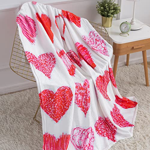 COTTEBED Hearts Throw Blanket Flannel Couch Blankets Girls Throws for Women Red White Valentines Day Gifts Girlfriend Blankets Boyfriend Wife Birthday Decorations Present Blanket