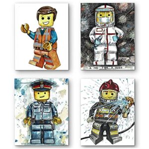 prints wall legos style figures jobs art | posters for boys room decor interlocking figure prints room decor for boys, girls and toddlers, boys room decor policeman, fireman, emmet 4 posters set printed on ivory paper great for kids playroom, kid bedroom